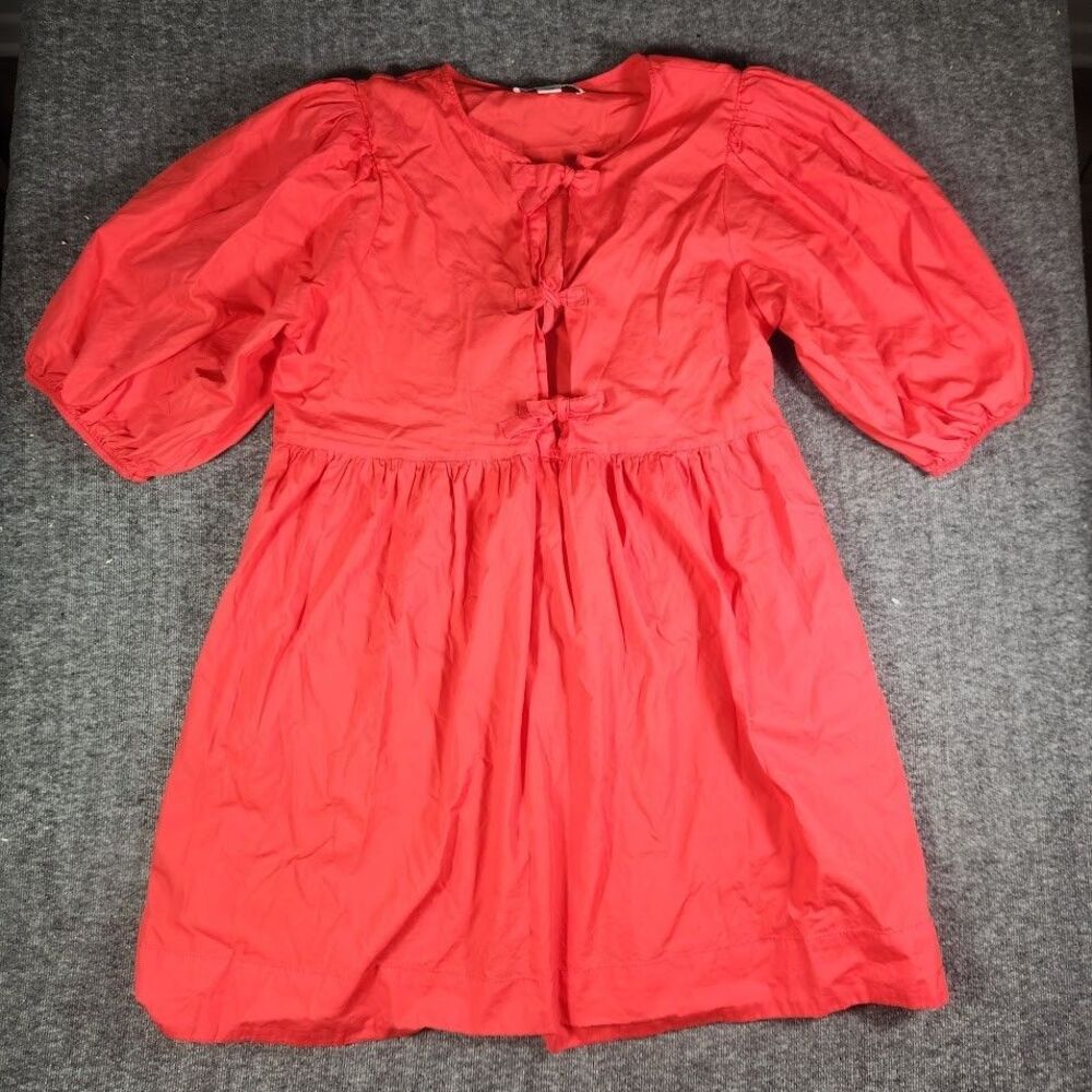 Band of the Free Mini Dress Size L Poppy Red Bow Ties Puff Sleeves Shirtdress